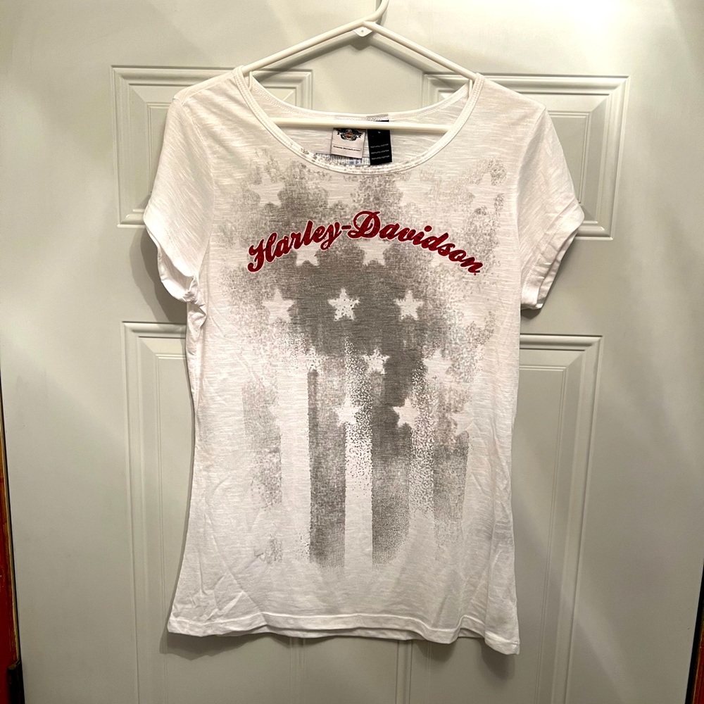 Harley Davidson Bling Logo Flag Tee Womens Lg - Picture 1 of 4